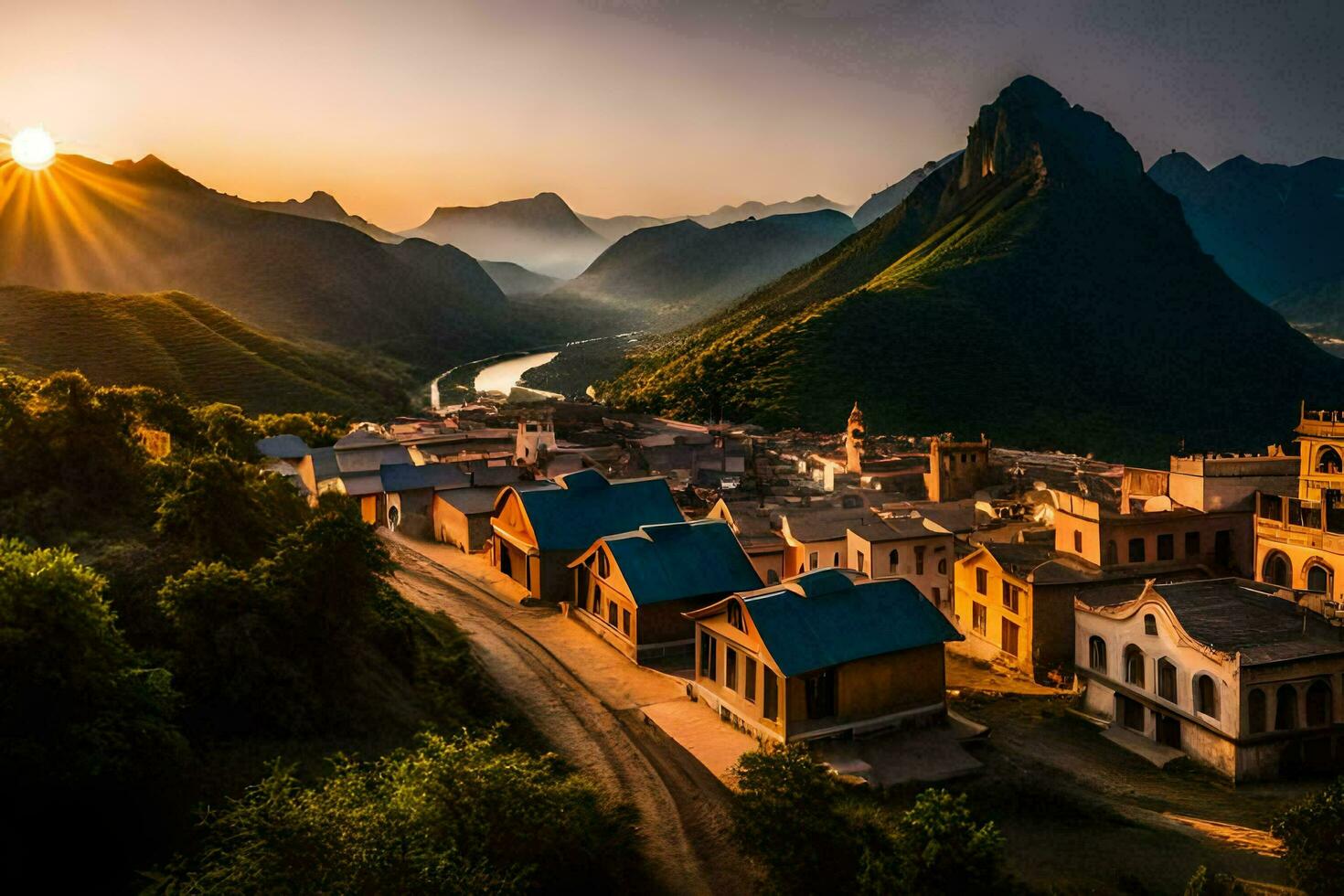 photo wallpaper the sky, mountains, china, the sun, the mountains, the village,. AI-Generated