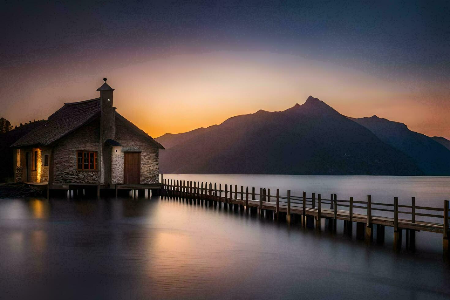 a small wooden house sits on the shore of a lake at sunset. AI-Generated photo