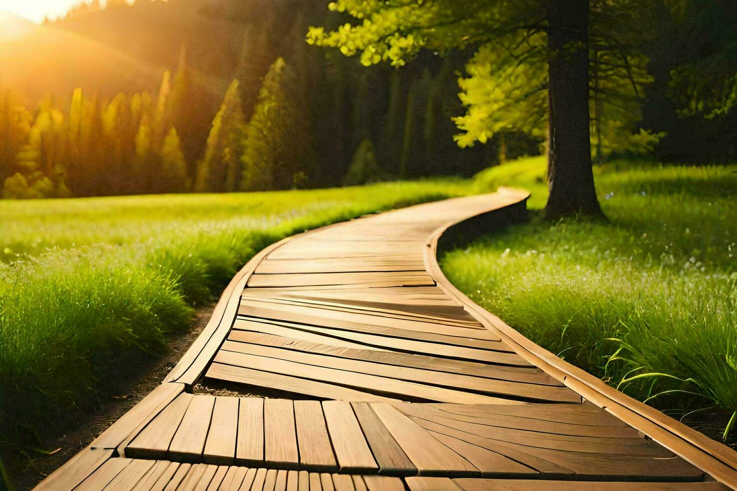 a wooden path leads to the sun in the middle of a grassy field. AI-Generated photo