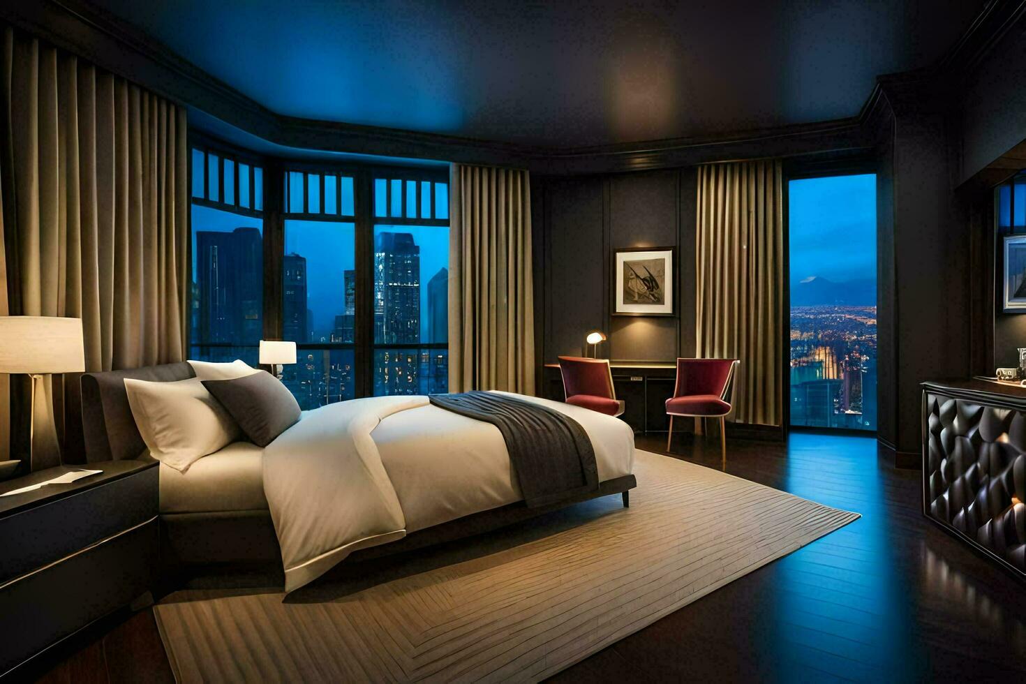a bedroom with a view of the city at night. AI-Generated photo