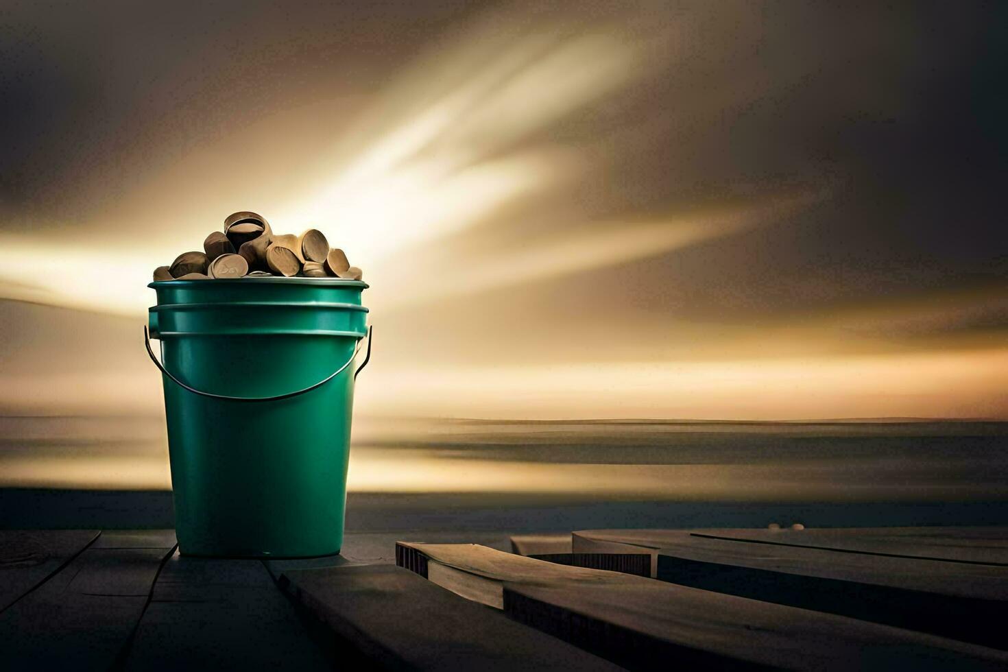 a bucket of wood on a dock with a sunset in the background. AI-Generated photo