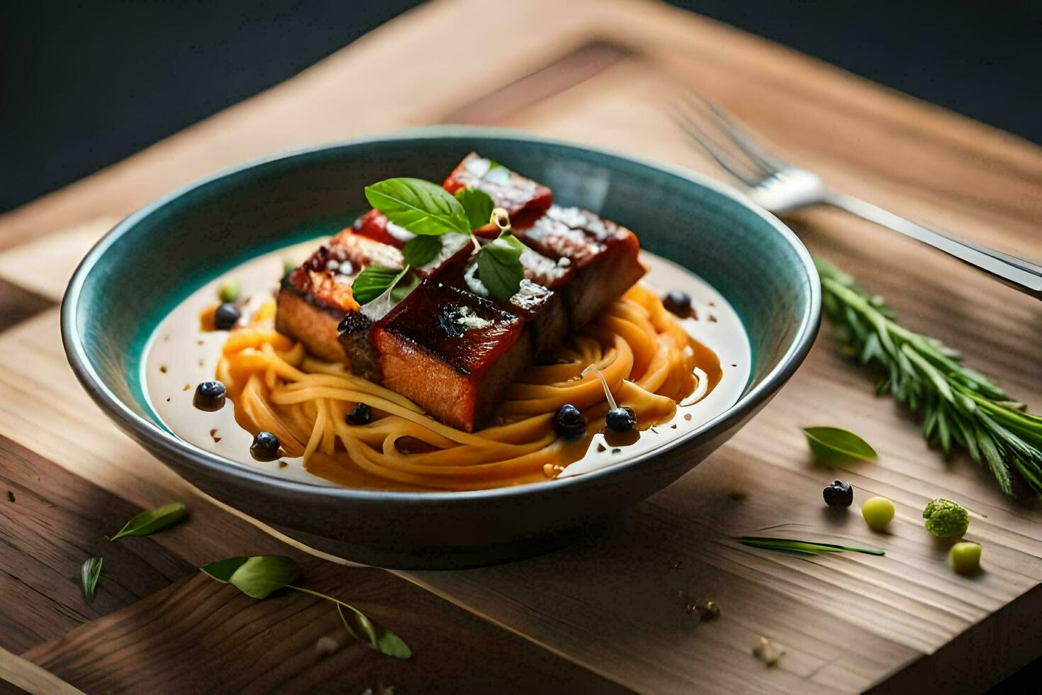 the food is served in a bowl with a fork and a knife. AI-Generated photo