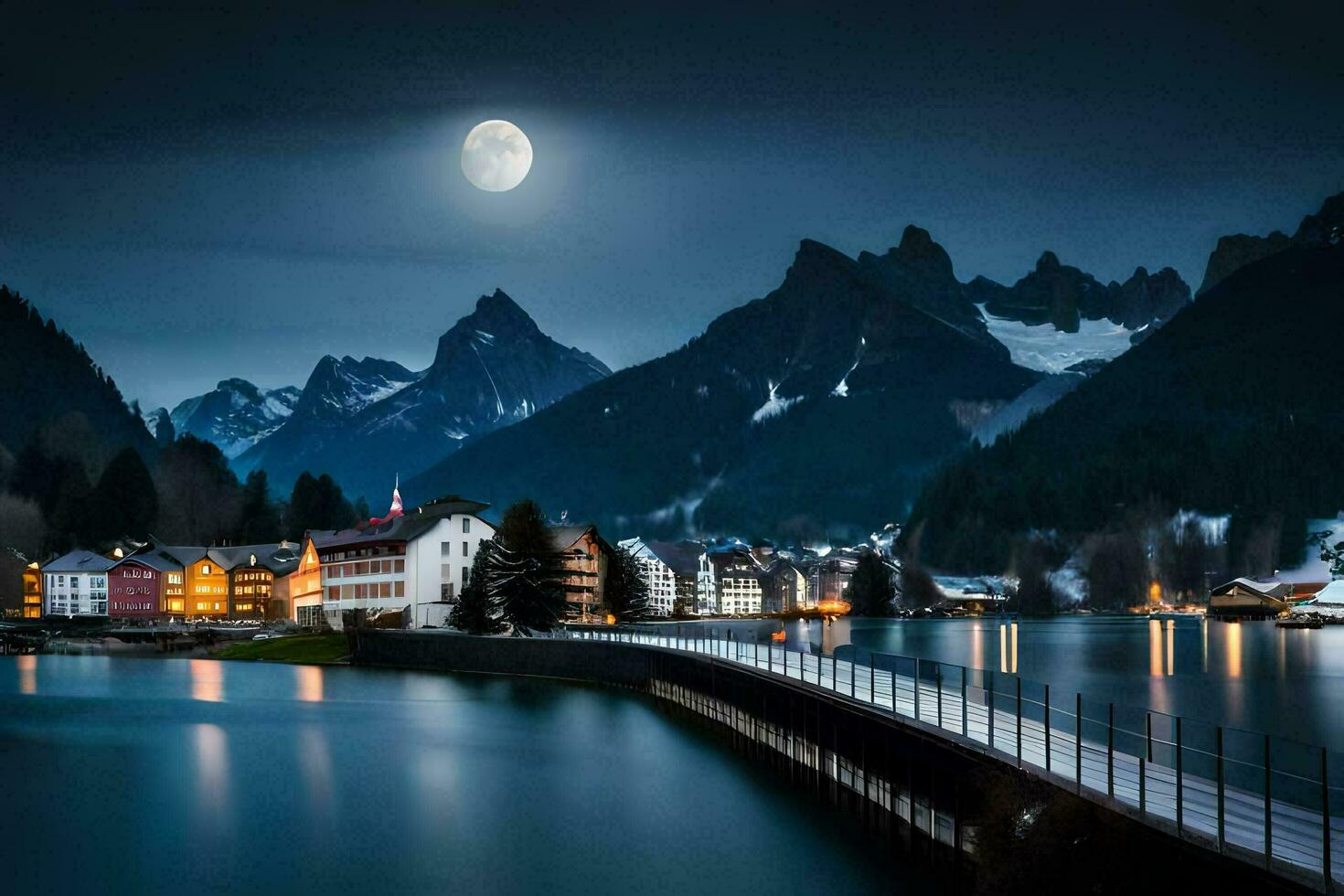 a moonlit lake and mountain range in the background. AI-Generated photo