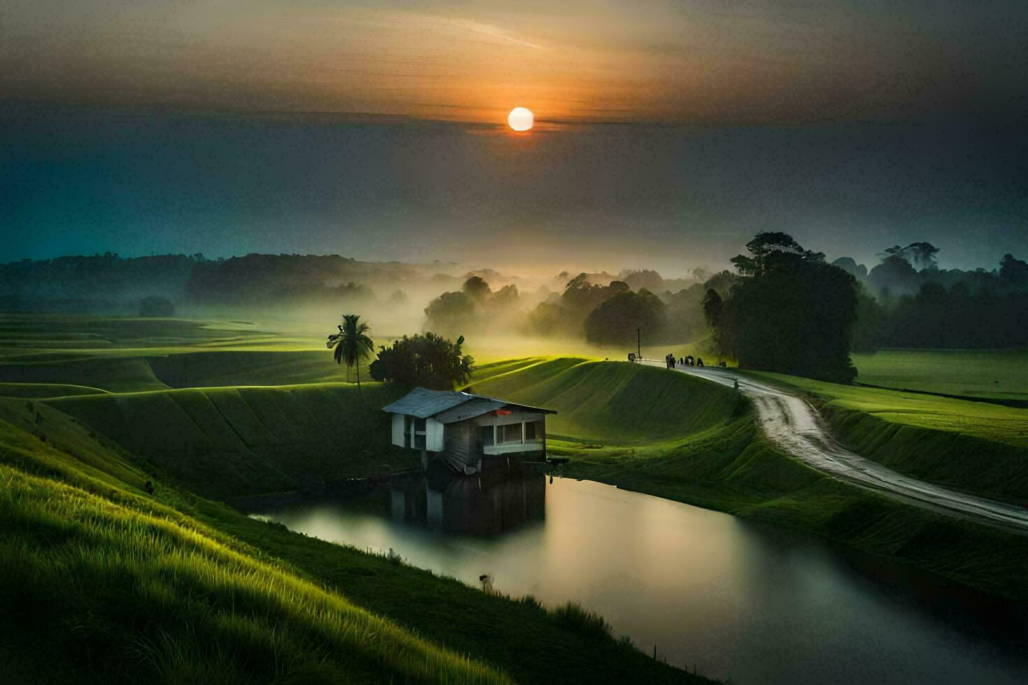 the sun rises over a small house in the middle of a green field. AI-Generated photo