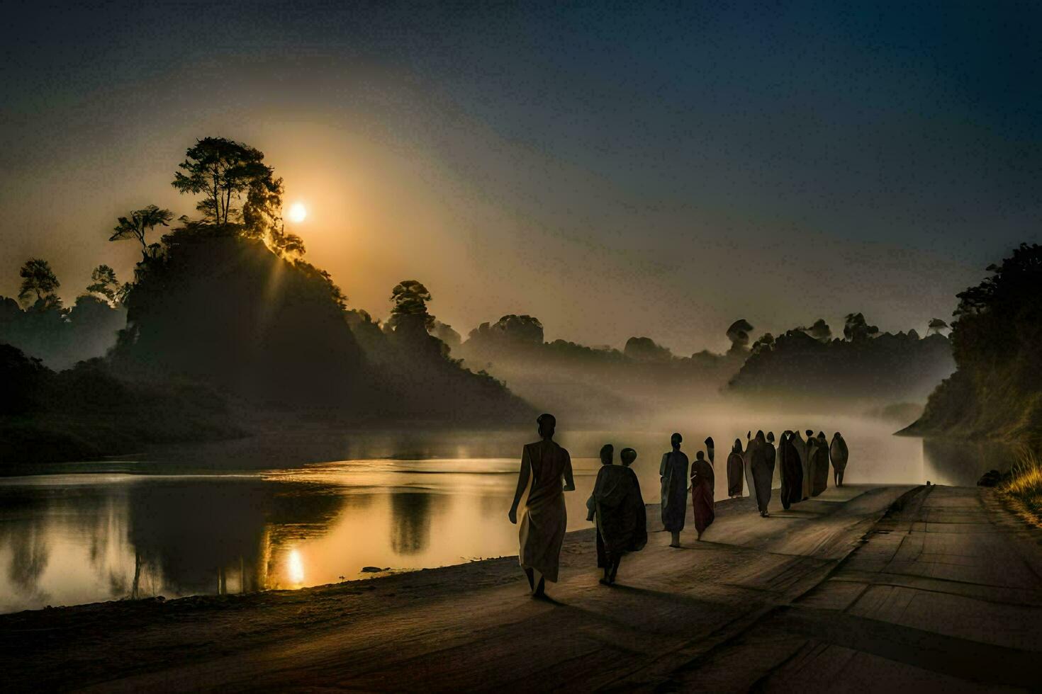people walking along the river at sunrise. AI-Generated photo
