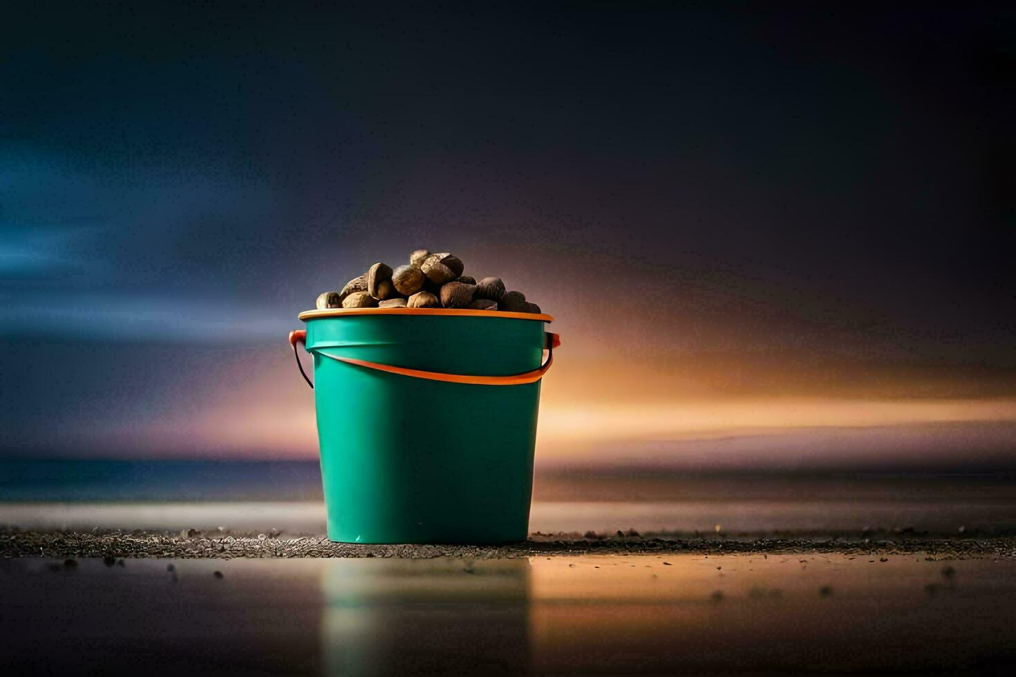 a bucket of nuts on the beach at night. AI-Generated photo