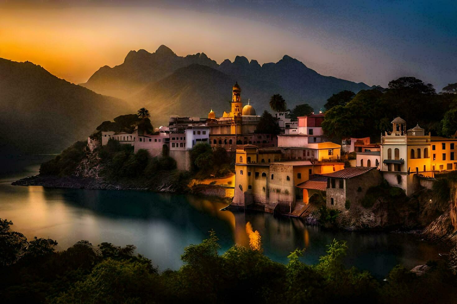 un pueblo se sienta en el borde de un lago a puesta de sol. generado por ai foto