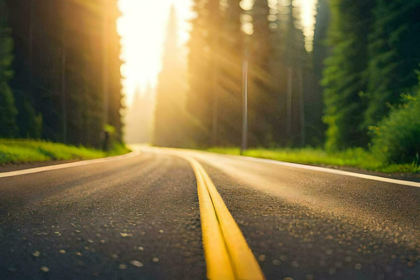 un la carretera con arboles y Dom brillante en el antecedentes. generado por ai foto