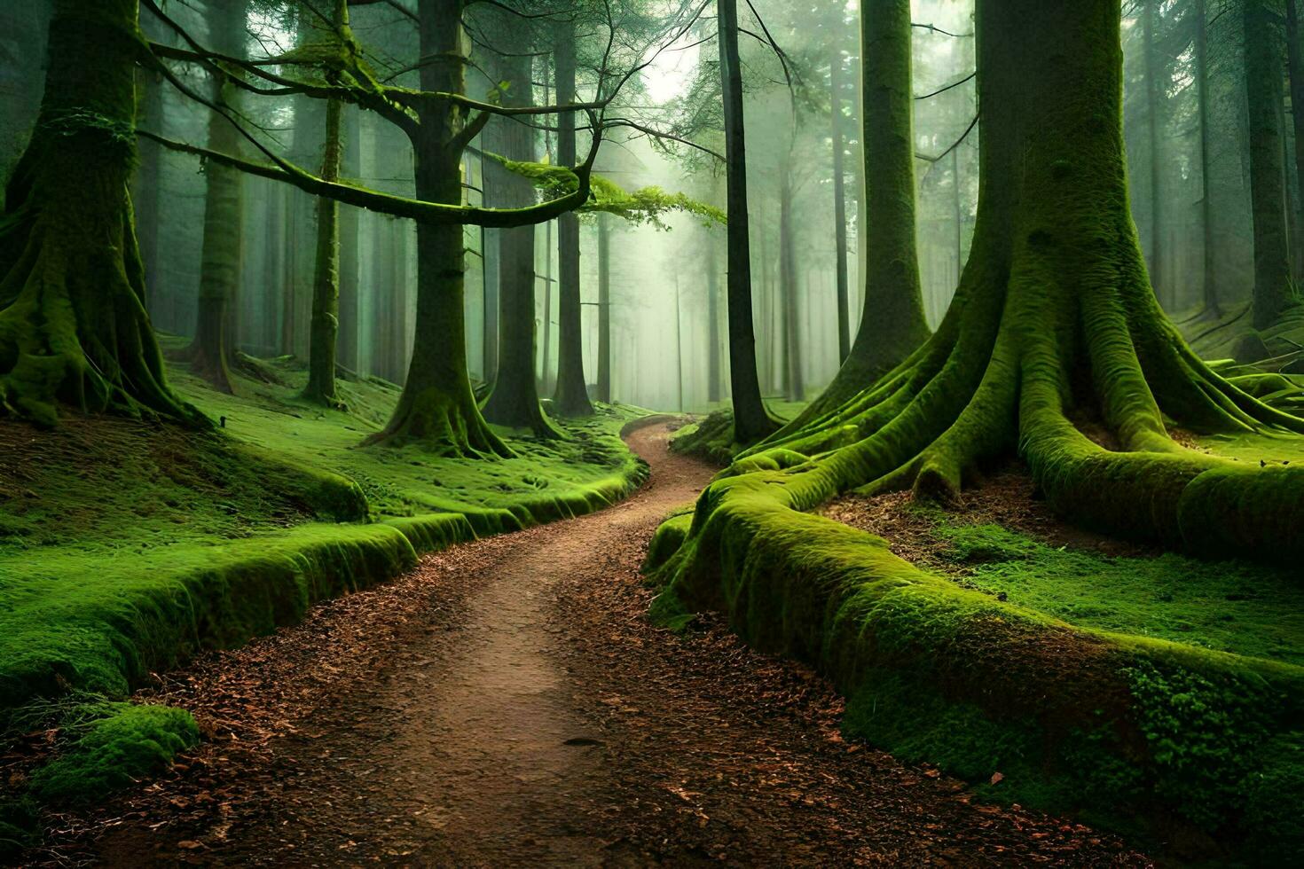 a path through a green forest with mossy trees. AI-Generated photo