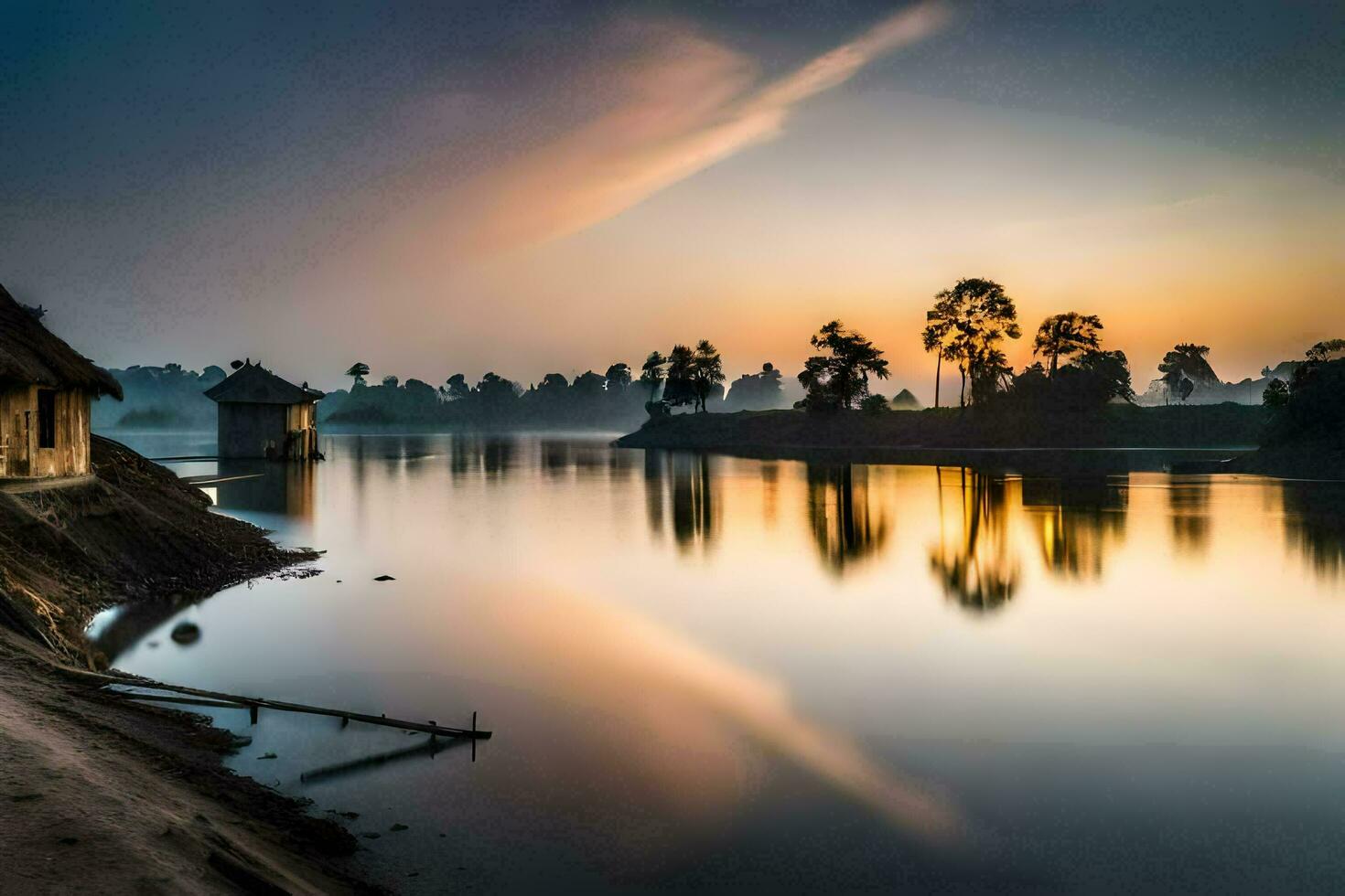 a house on the shore of a river at sunrise. AI-Generated photo