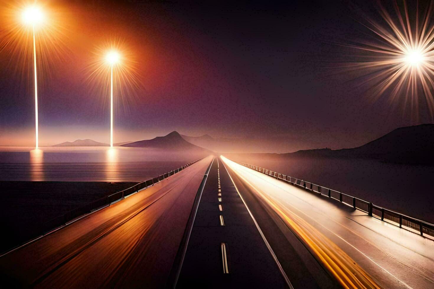 a long highway with lights and a bright light. AI-Generated photo