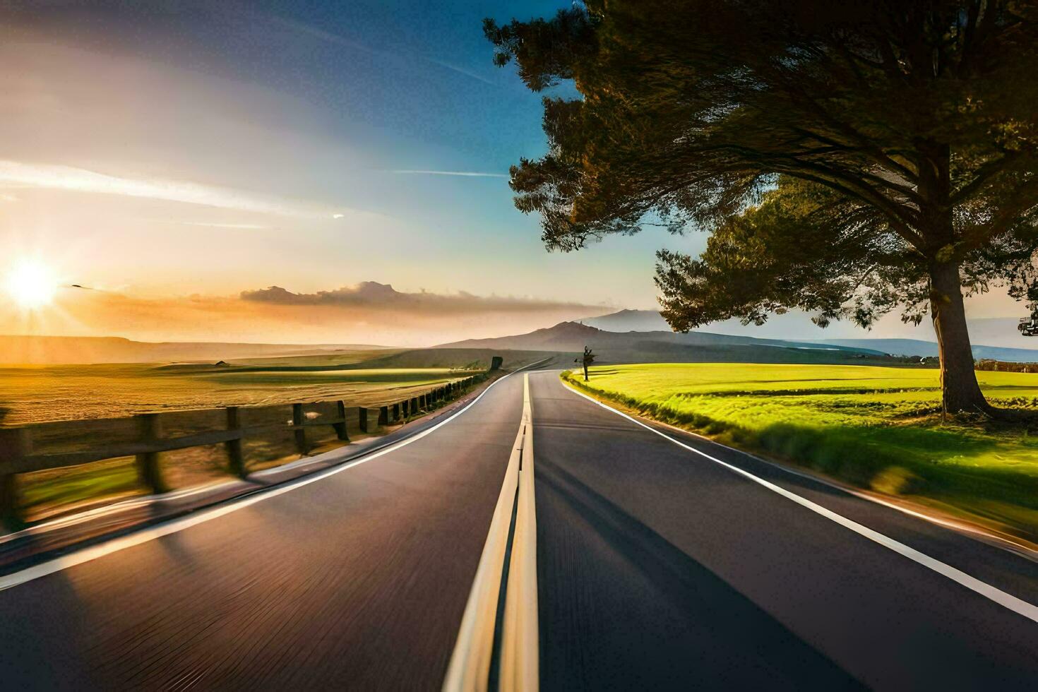 un largo la carretera con arboles y césped en el antecedentes. generado por ai foto