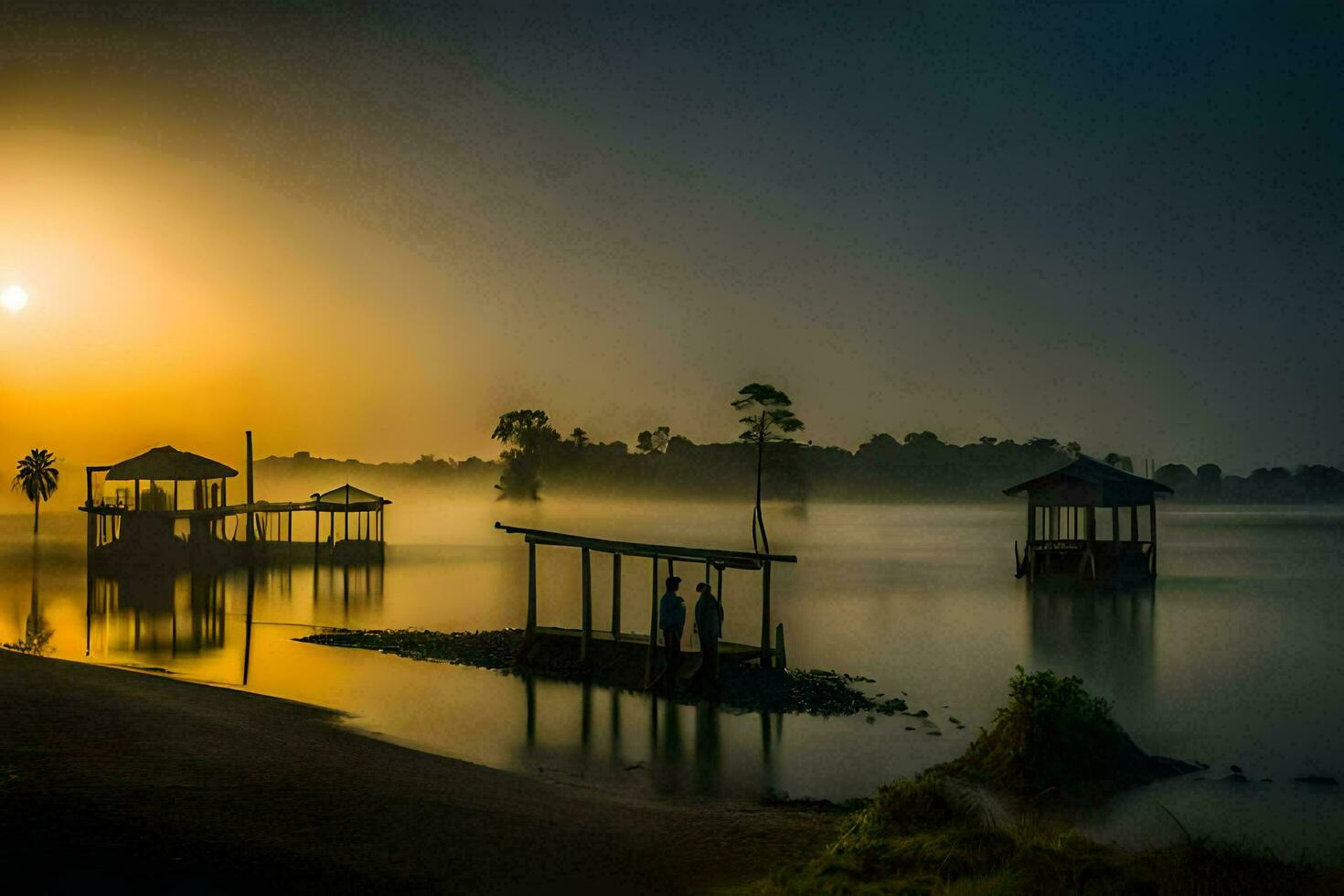 the sun rises over a lake with a dock and a house. AI-Generated photo