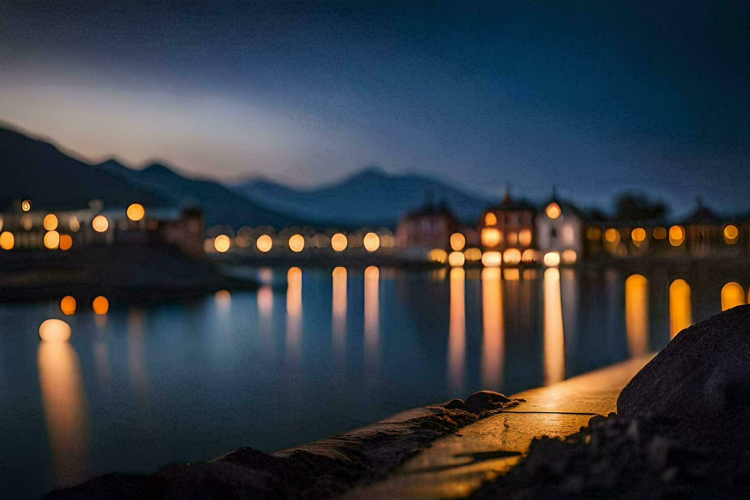photo wallpaper the sky, mountains, lake, the city, the lights, the lights, the. AI-Generated