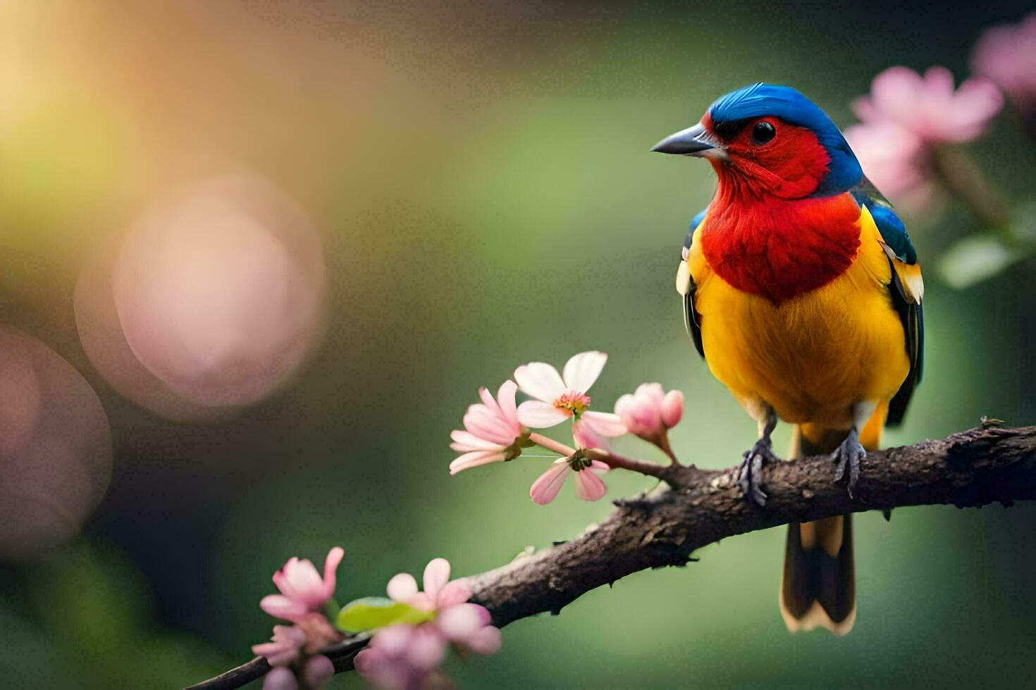 a colorful bird sits on a branch with pink flowers. AI-Generated photo