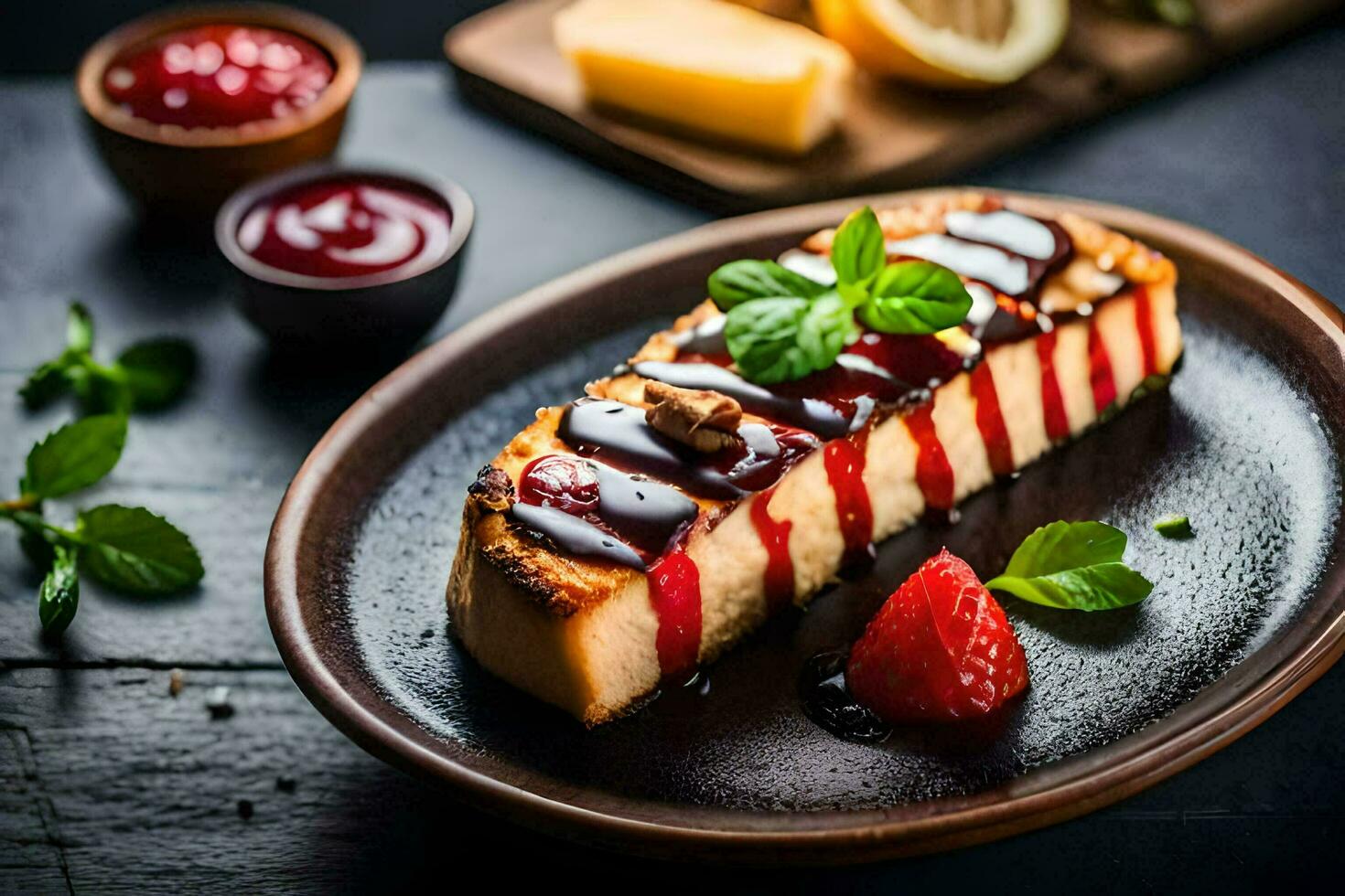 cheesecake with strawberry sauce on a black plate. AI-Generated photo