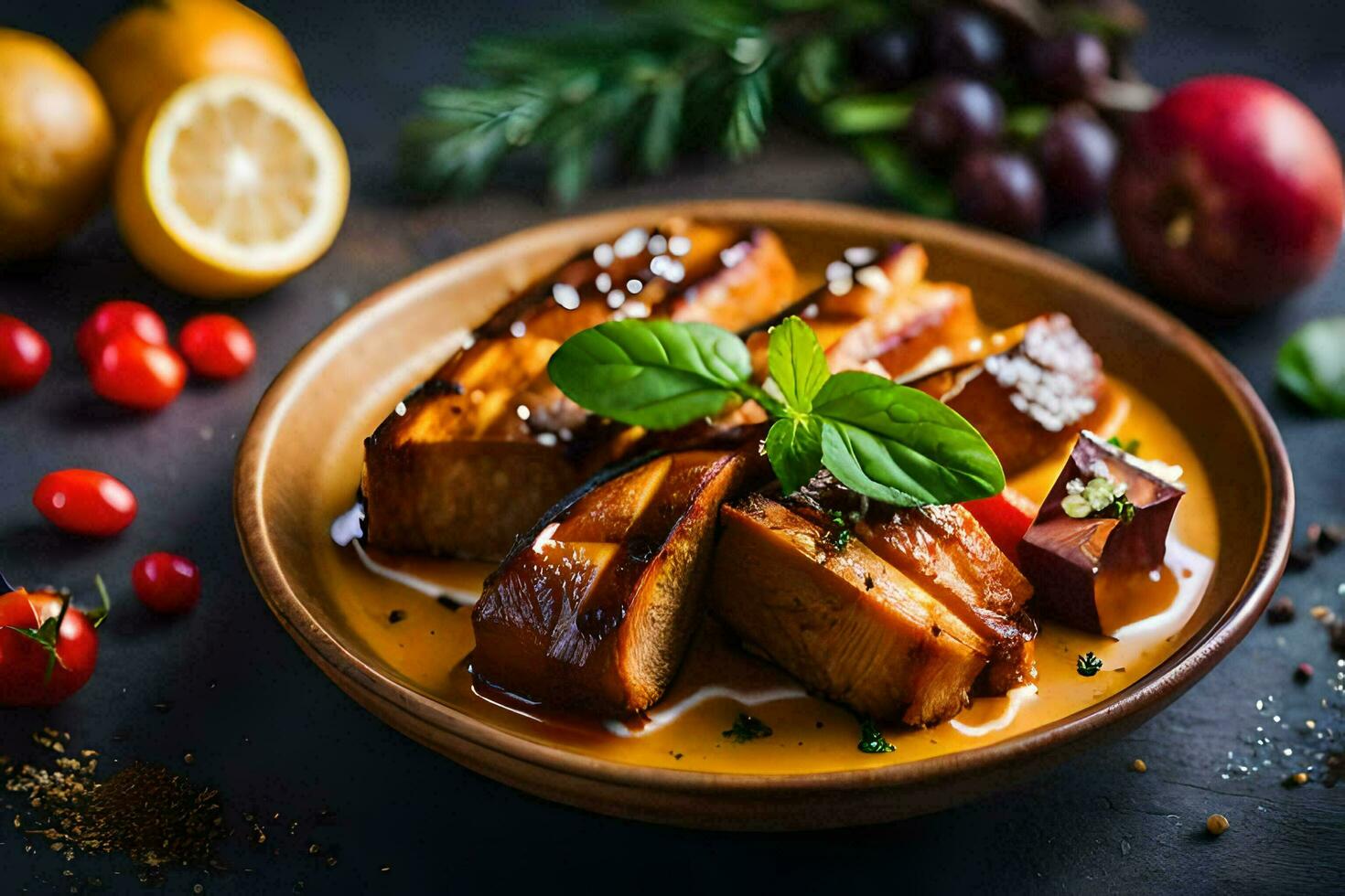 a plate of food with meat and vegetables. AI-Generated photo