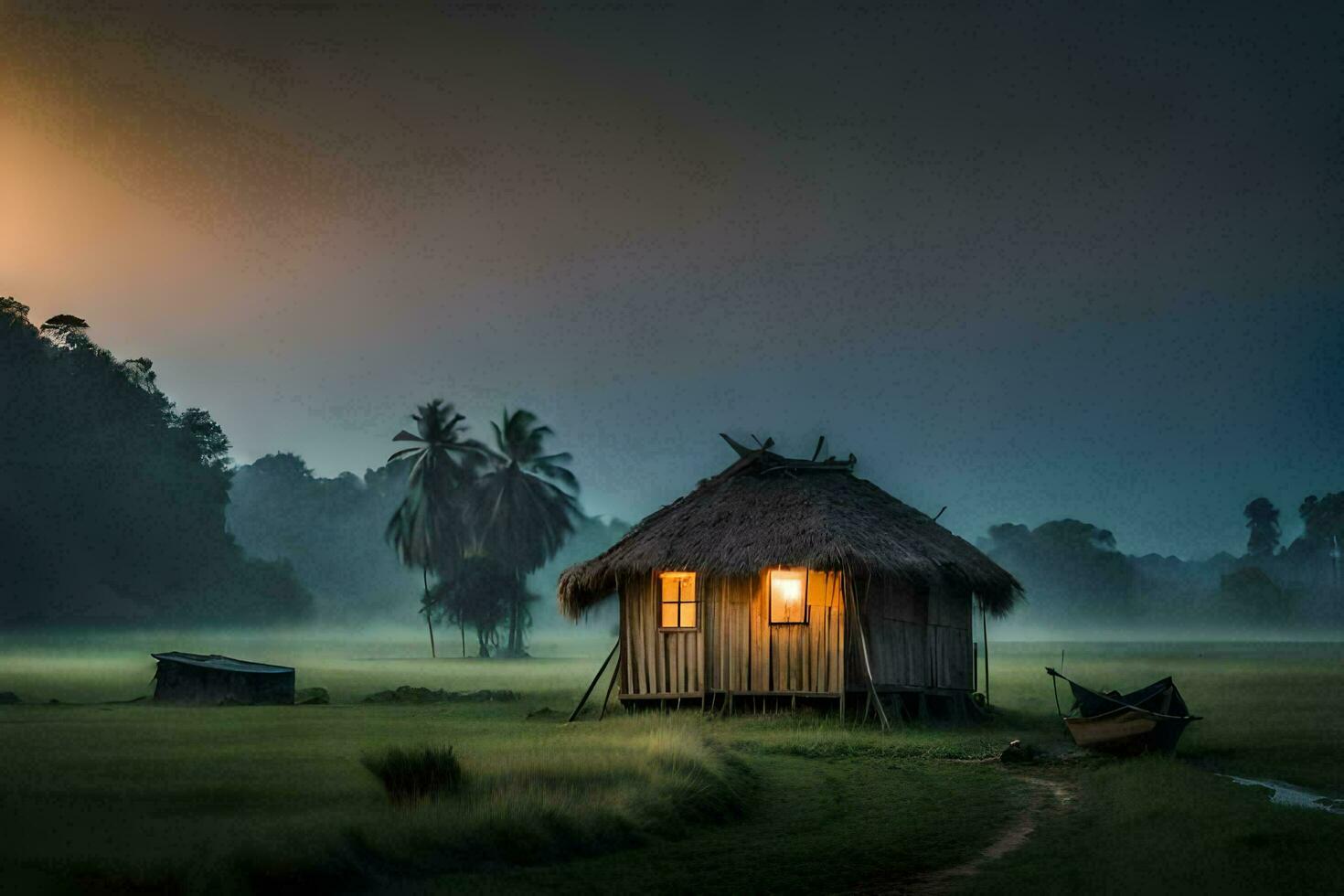 a hut in the middle of a field with a boat in the distance. AI-Generated photo