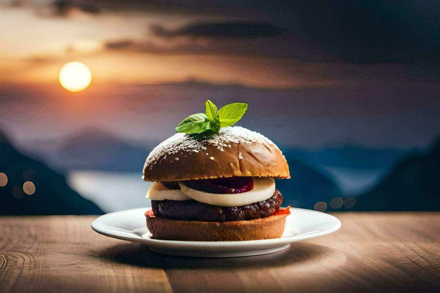 un hamburguesa en un plato con un puesta de sol en el antecedentes. generado por ai foto