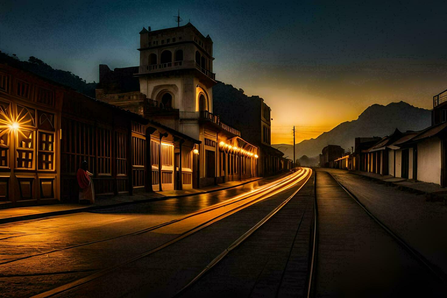 a street with a train track and buildings at sunset. AI-Generated photo