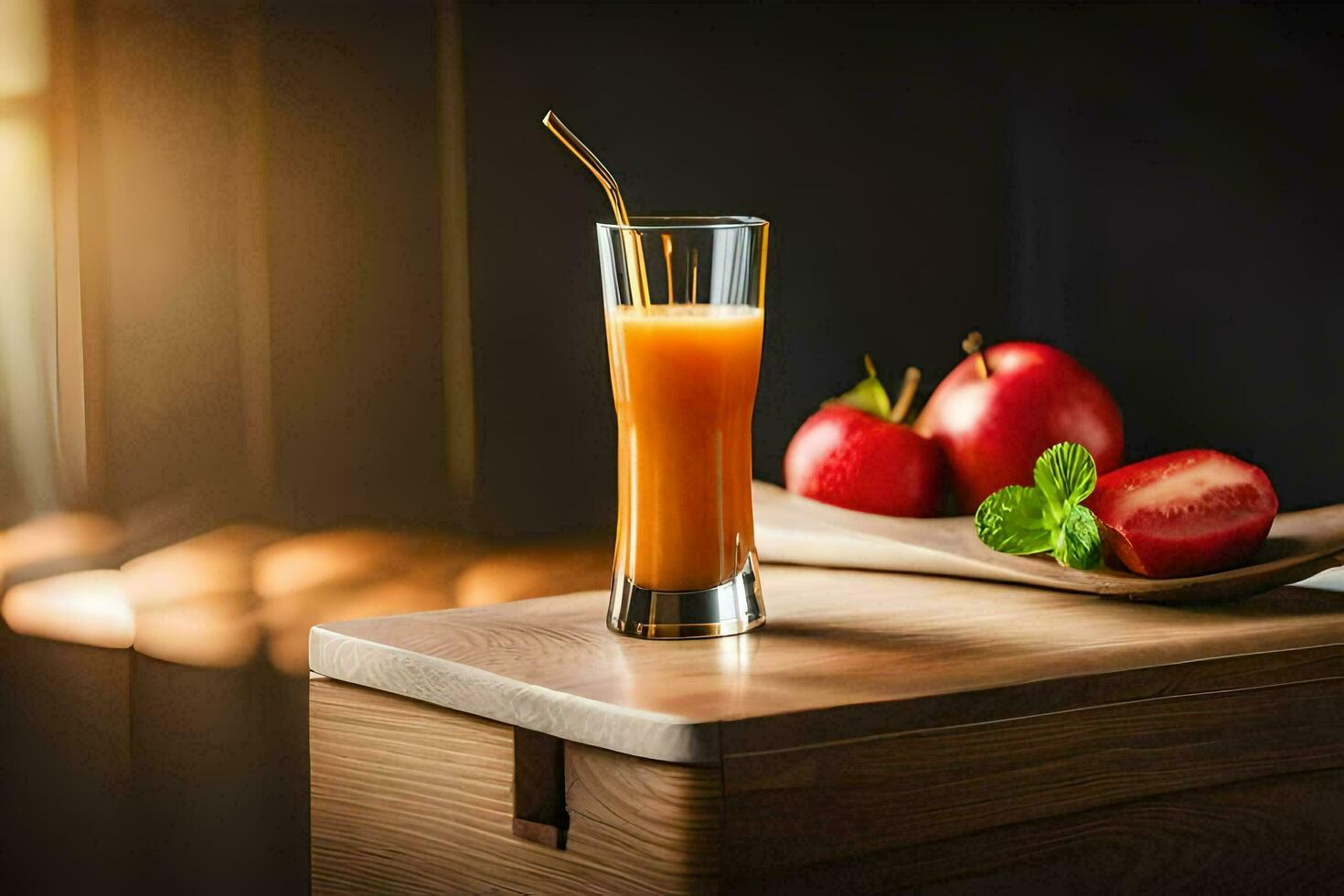 a glass of juice with an apple on a table. AI-Generated photo