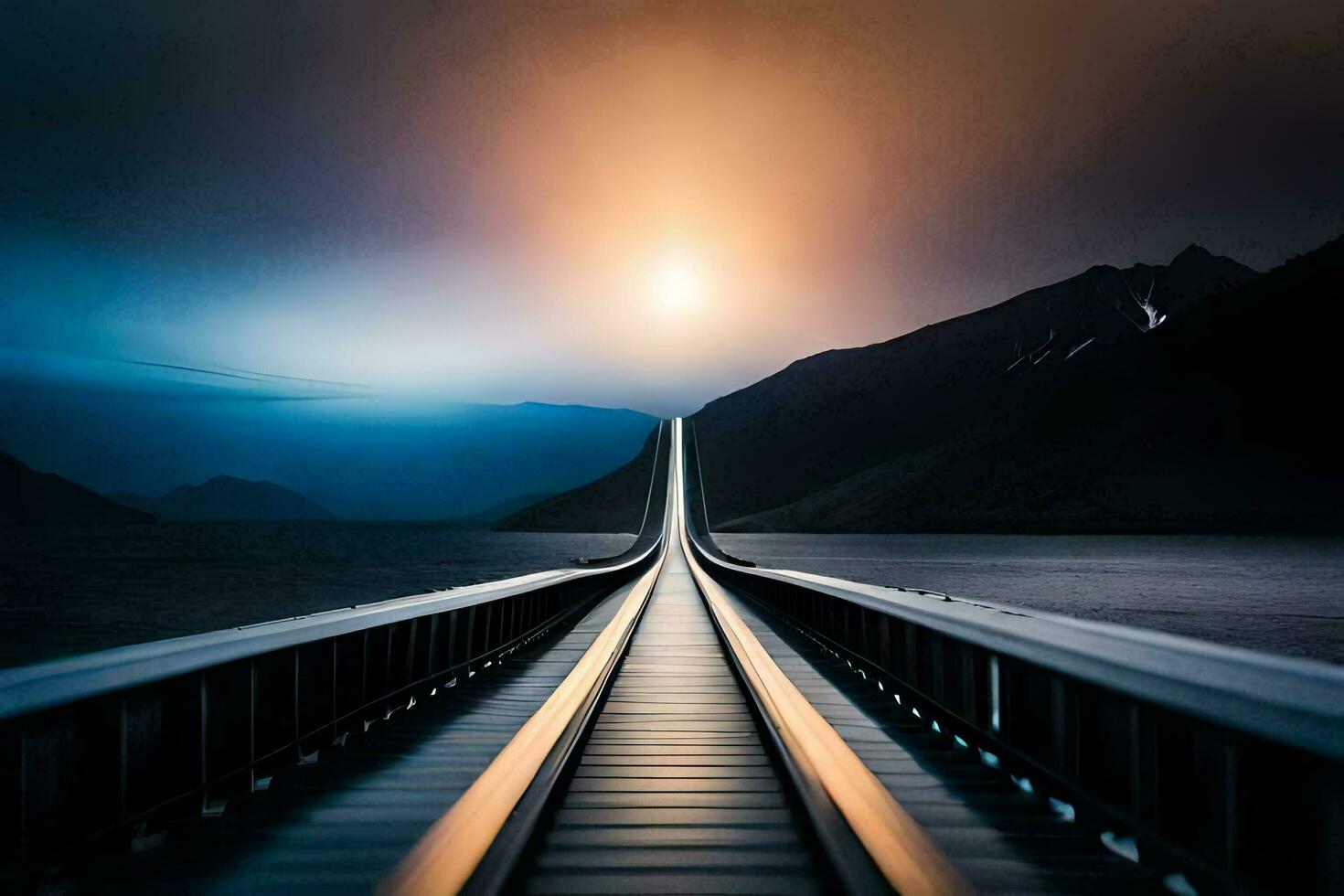 a long bridge with a train going over it. AI-Generated photo