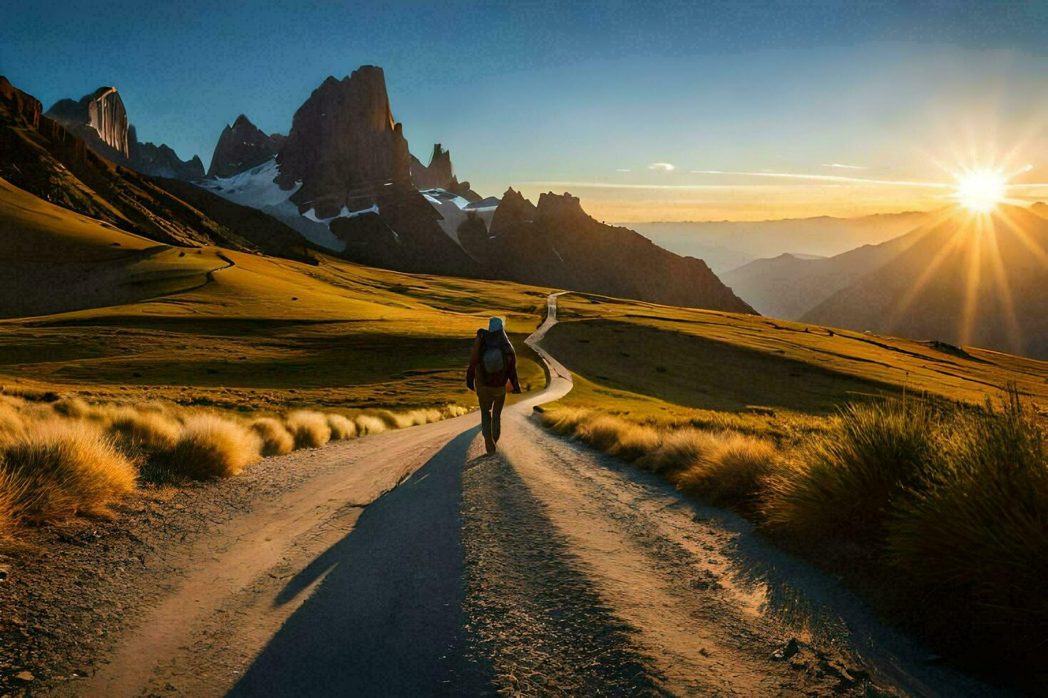 un hombre camina en un la carretera en el montañas. generado por ai foto