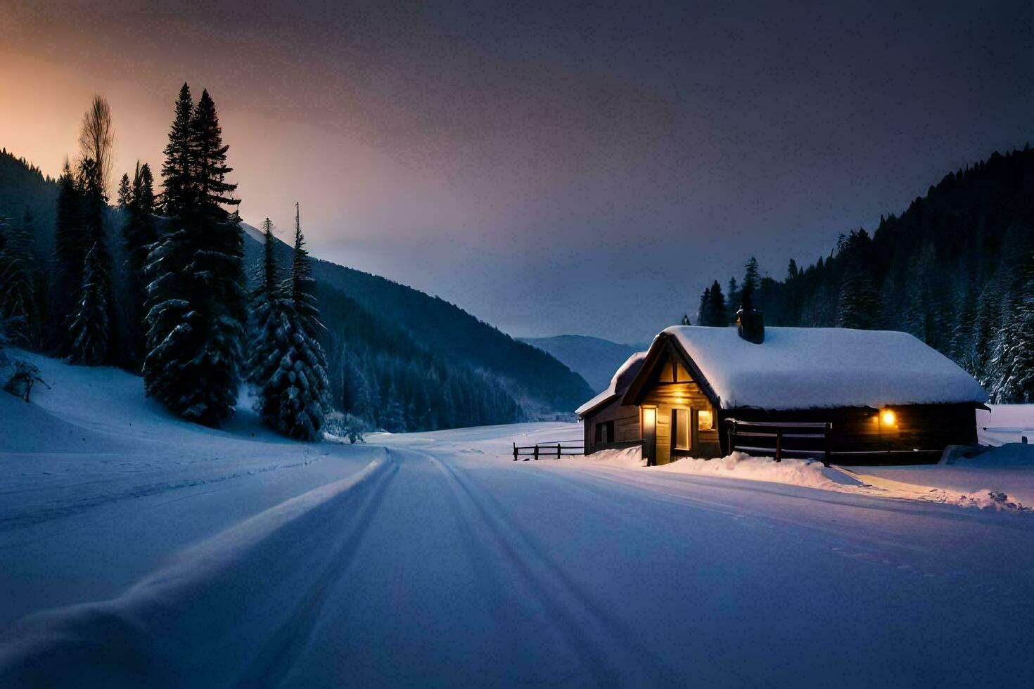 a cabin in the snow at sunset. AI-Generated photo