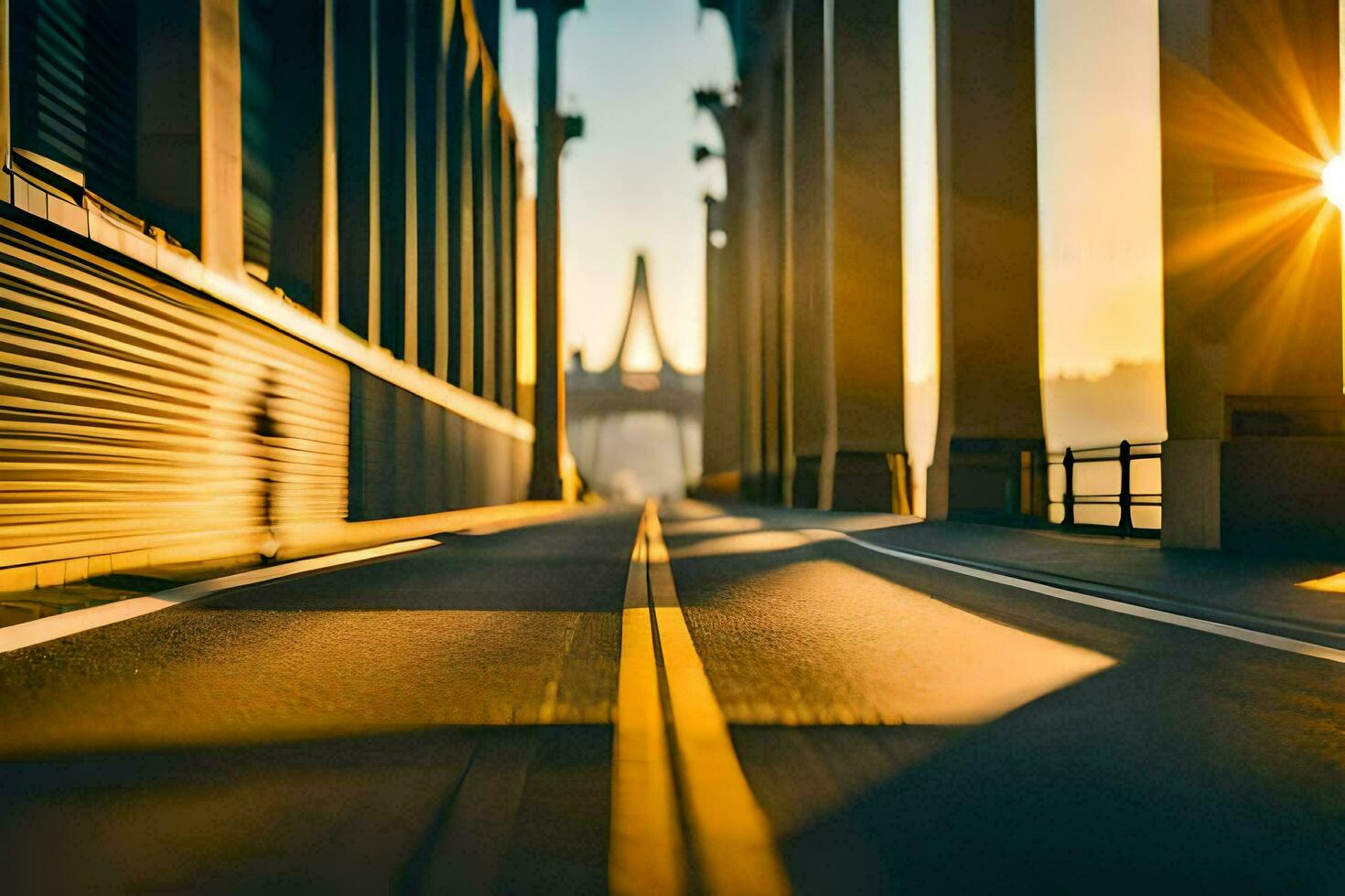 the sun is setting over a bridge. AI-Generated photo