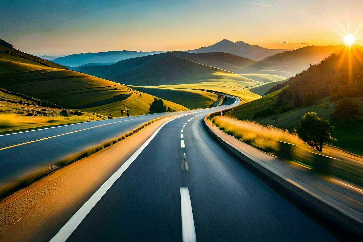 a road in the mountains with the sun setting. AI-Generated photo