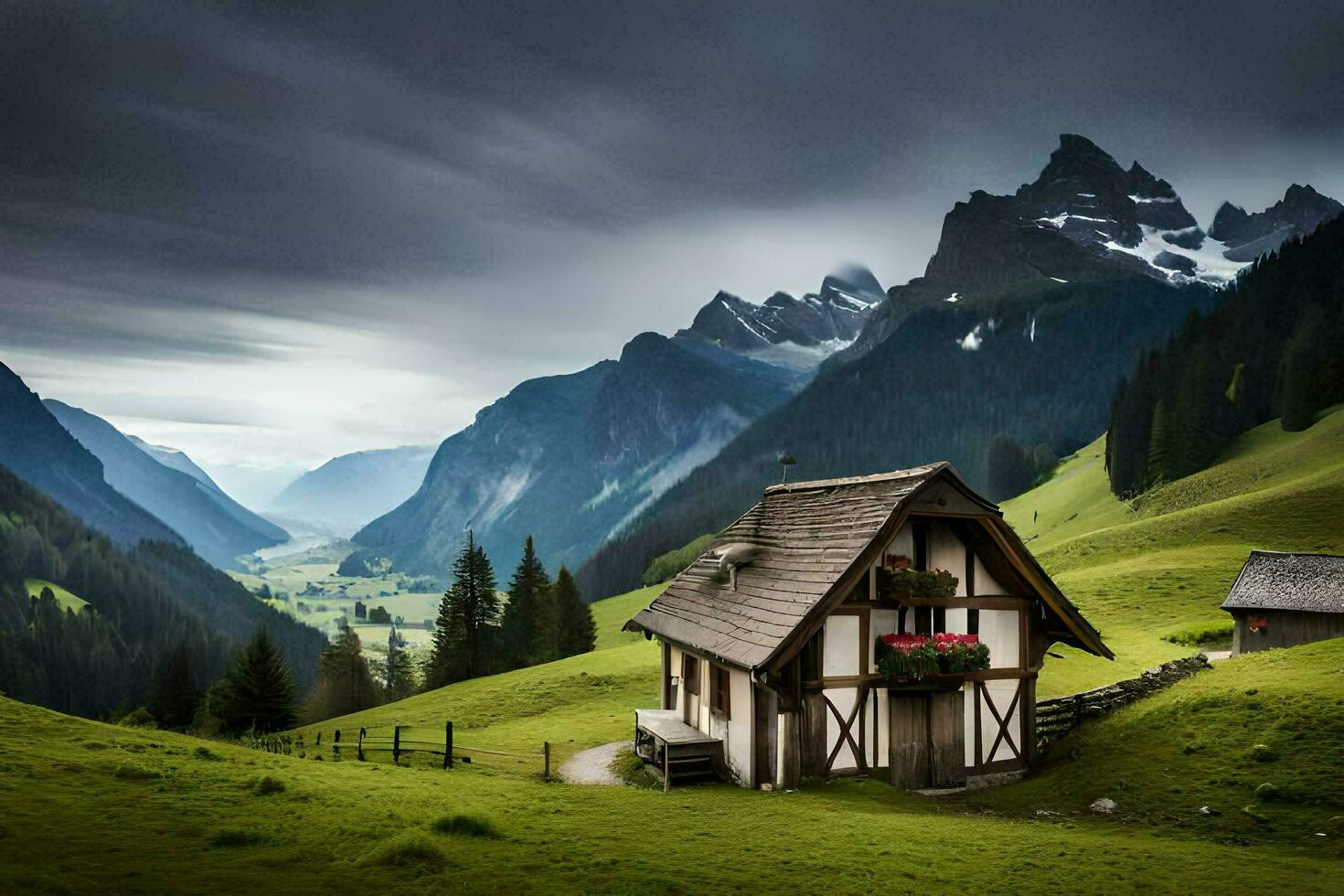 a small house in the mountains with a cloudy sky. AI-Generated photo