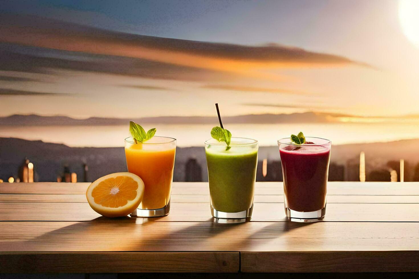 three different juices are sitting on a table with a view of the city. AI-Generated photo