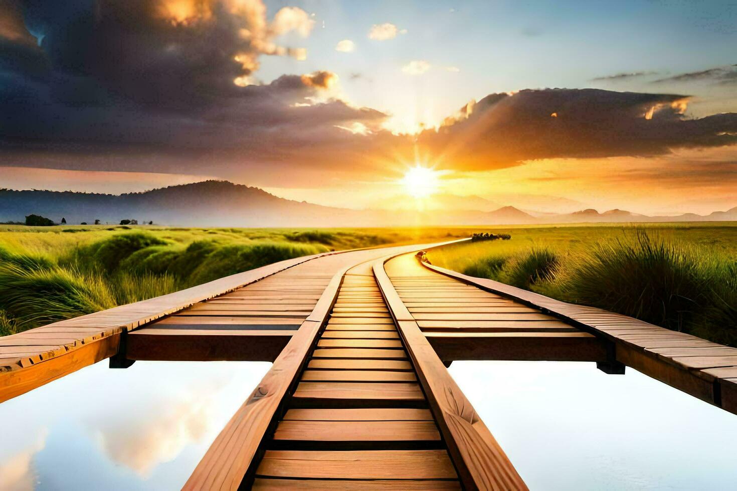 a wooden bridge over a field with the sun setting. AI-Generated photo