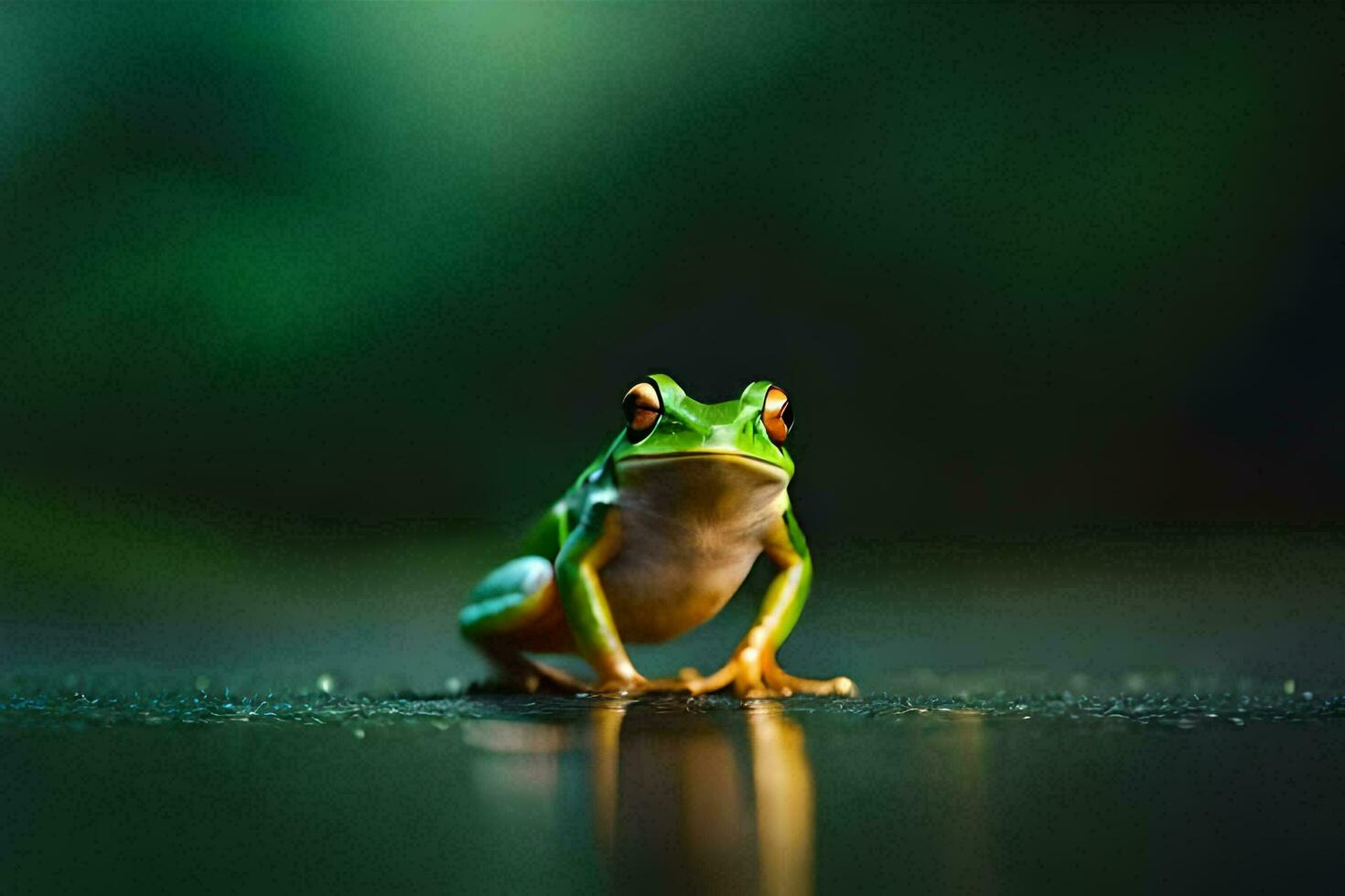 a frog sitting on the ground with a green background. AI-Generated photo