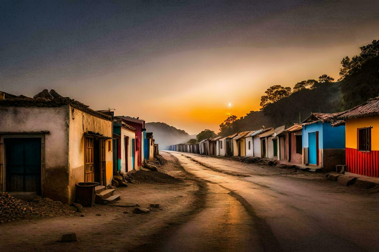 a street lined with colorful houses at sunset. AI-Generated photo