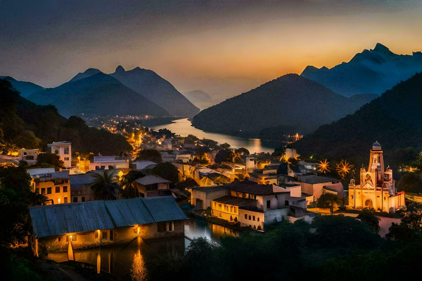 foto fondo de pantalla el cielo, montañas, agua, aldea, río, atardecer, porcelana, el. generado por ai