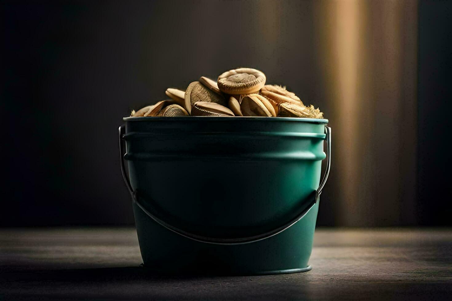 a bucket filled with nuts on a table. AI-Generated photo