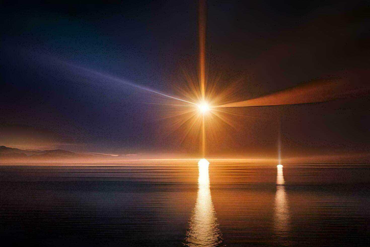 the sun is shining over the water in the middle of a lake. AI-Generated photo