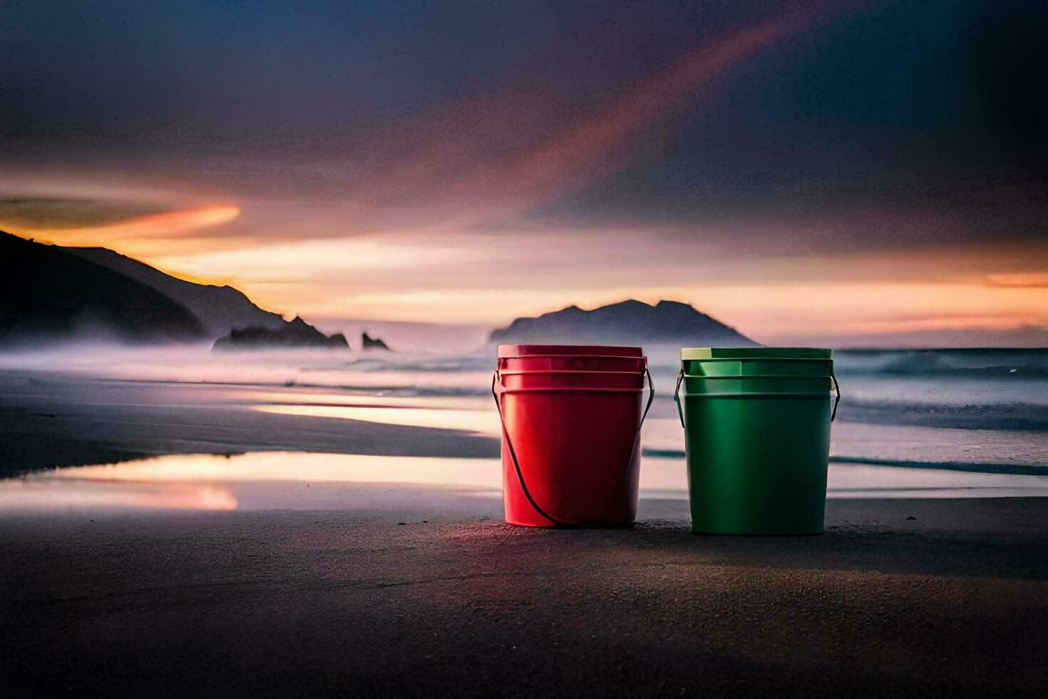 two buckets sit on the beach at sunset. AI-Generated photo