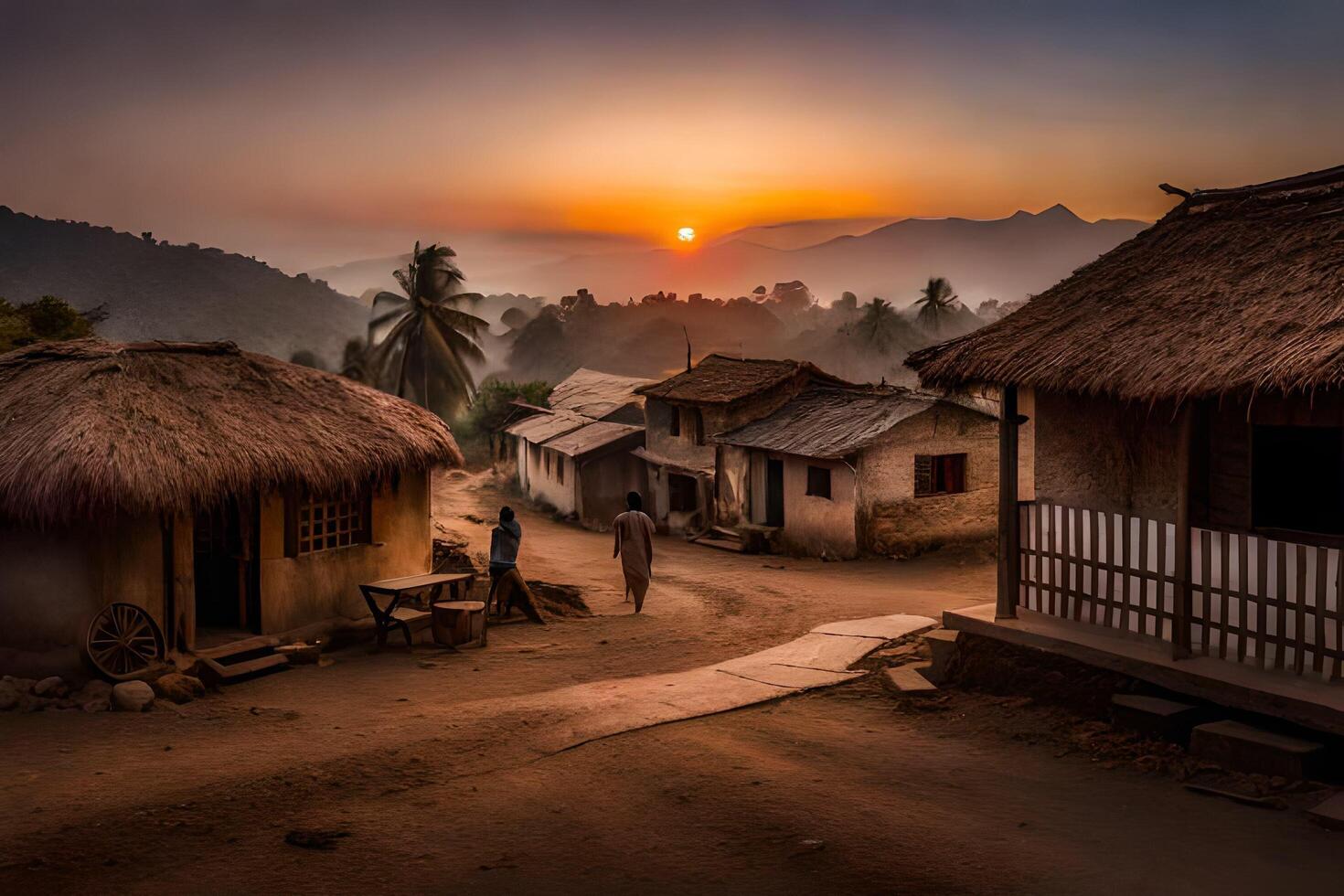 un pueblo a puesta de sol con tejado de paja chozas generado por ai foto