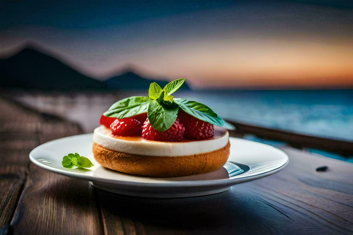 el postre es servido en un plato con un ver de el mar. generado por ai foto