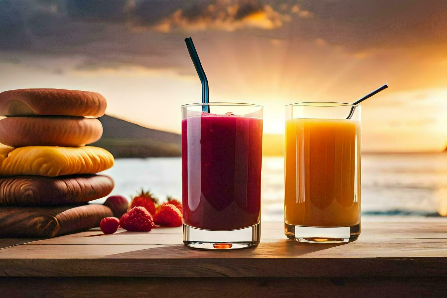 two glasses of juice with a straw and a slice of bread. AI-Generated photo