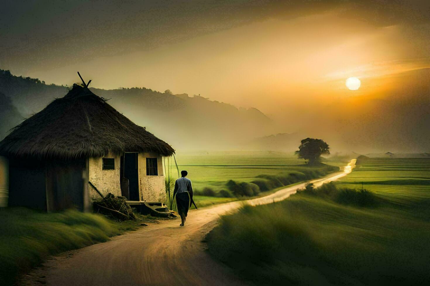 a man walks down a road in front of a hut. AI-Generated photo