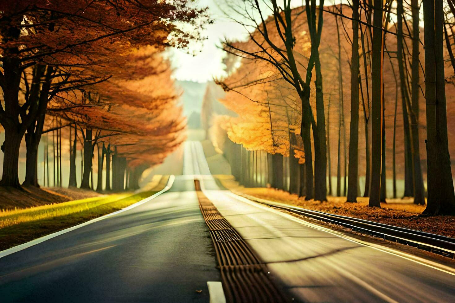 an empty road in the middle of an autumn forest. AI-Generated photo