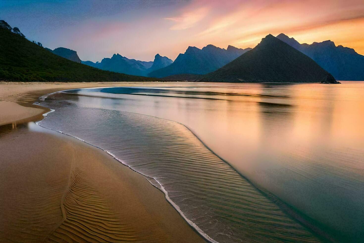 the beach at sunset with mountains in the background. AI-Generated photo