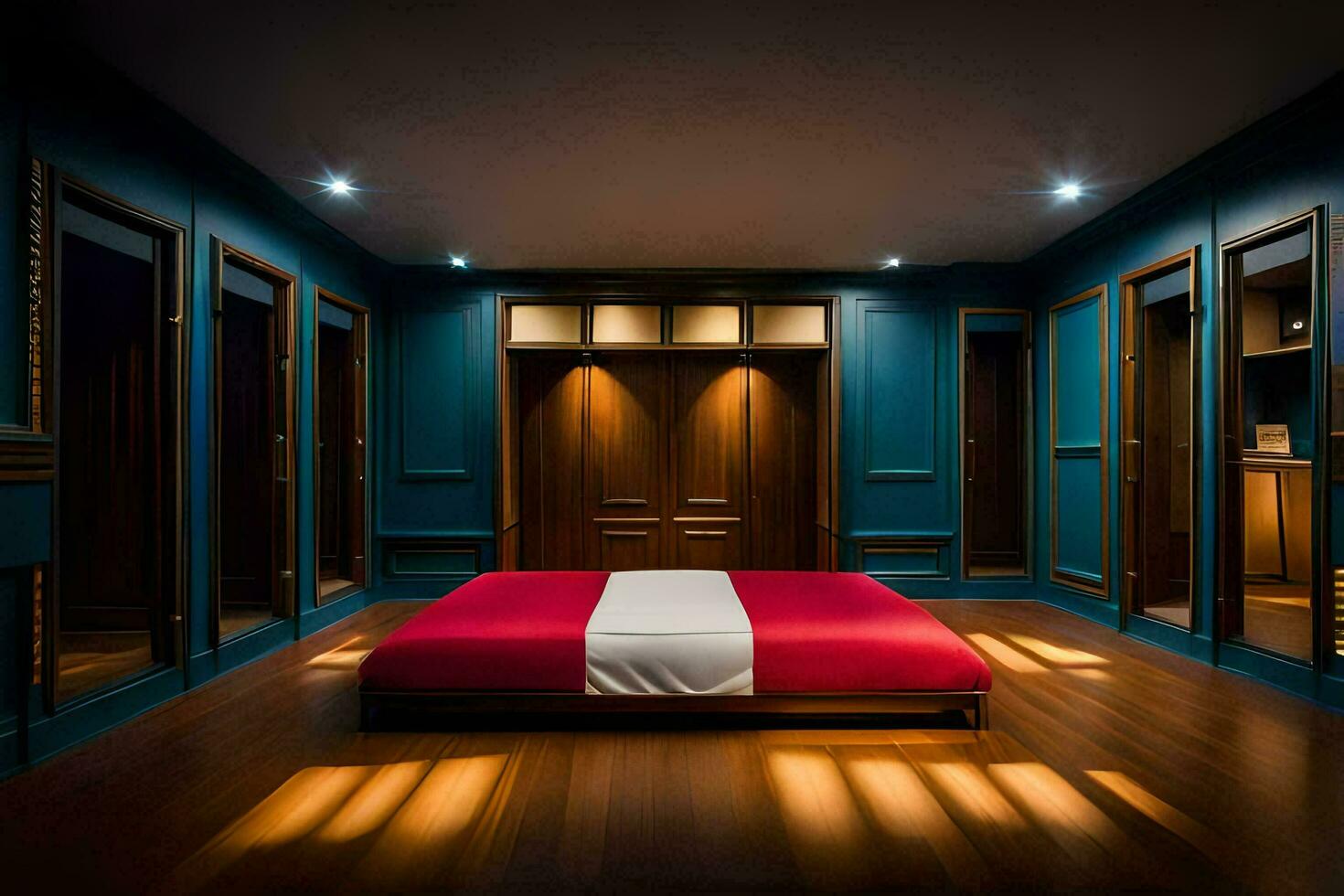 a bedroom with blue walls and wood floors. AI-Generated photo