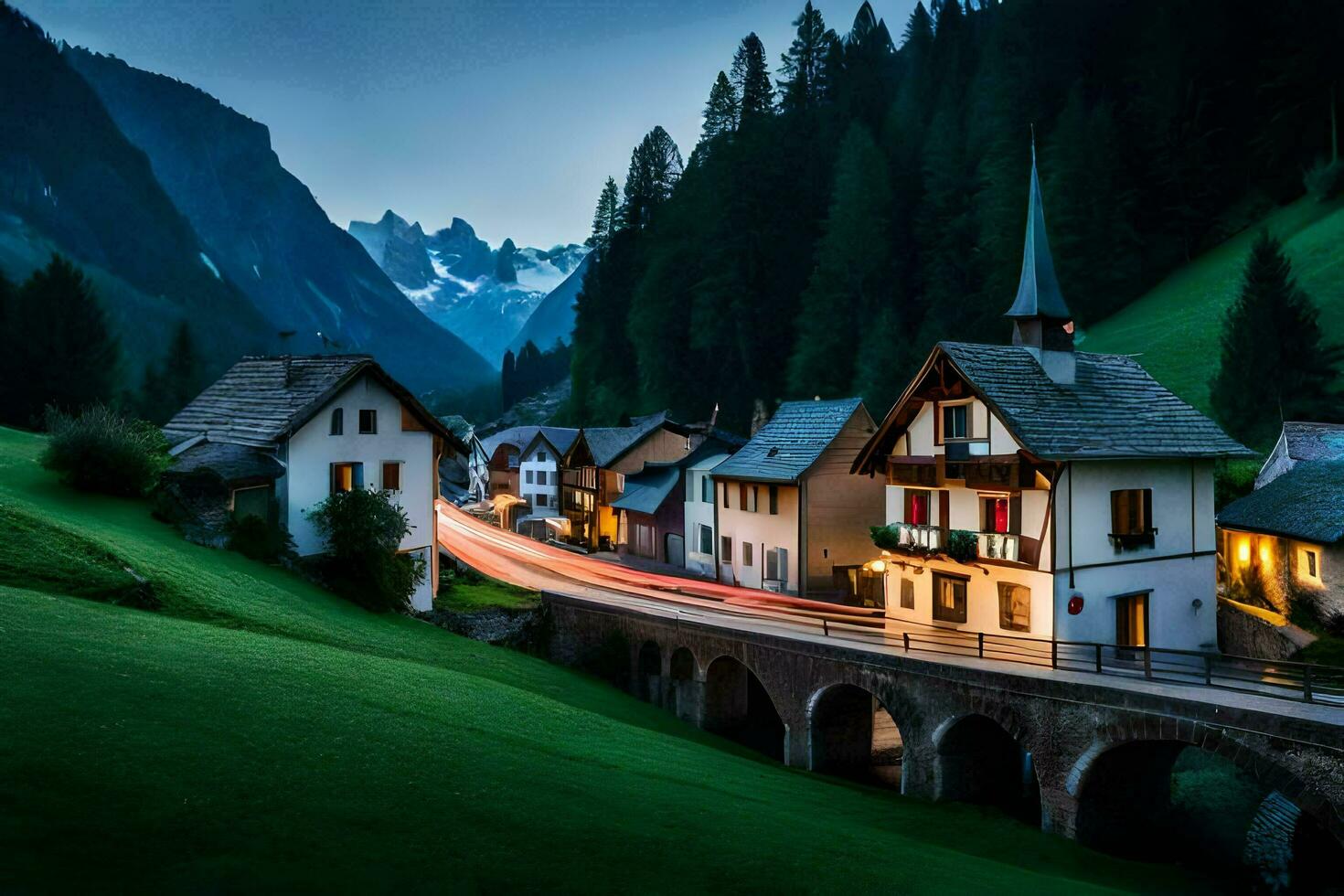 un pueblo en el montañas a oscuridad. generado por ai foto