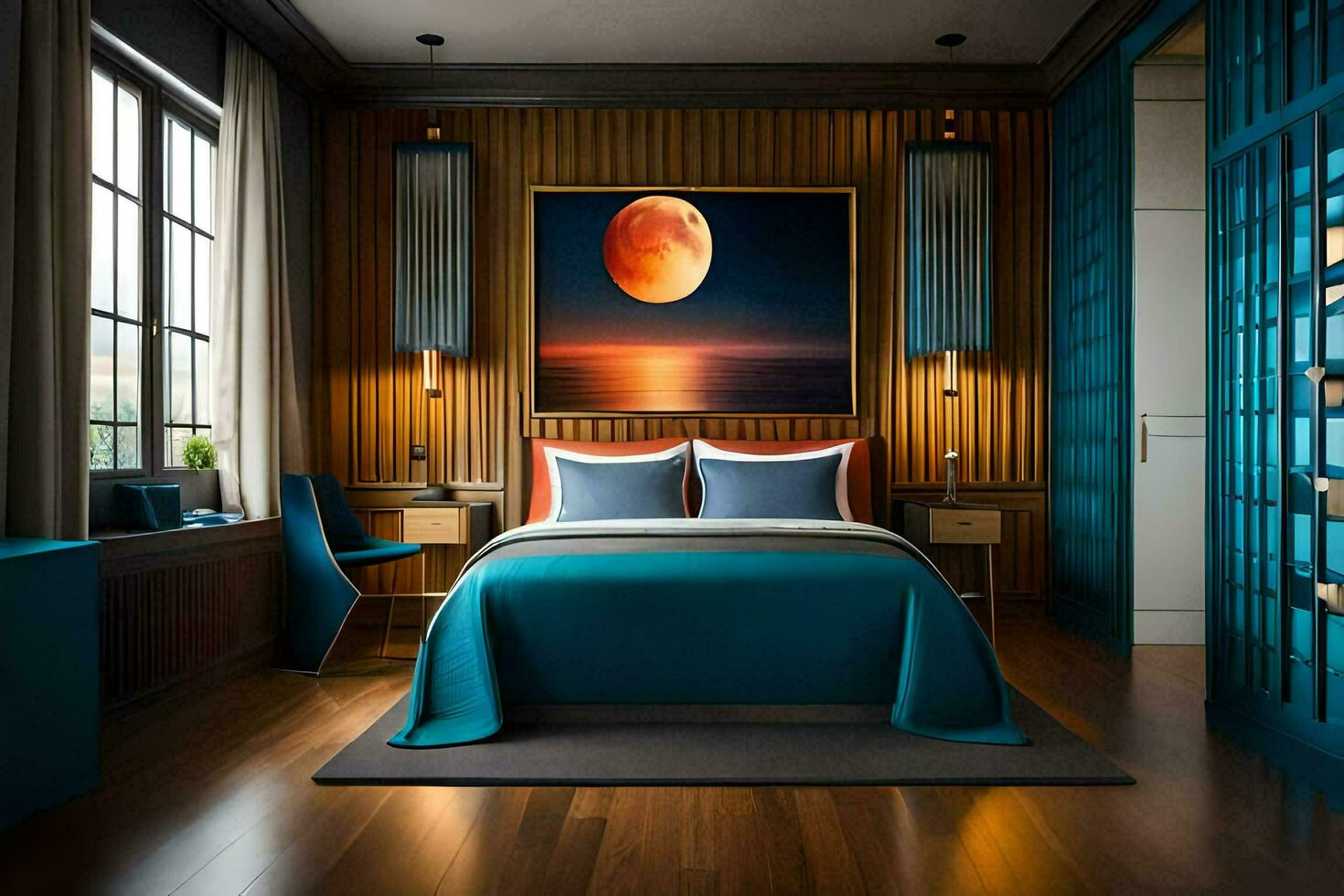 a bedroom with a blue bed and a painting on the wall. AI-Generated photo