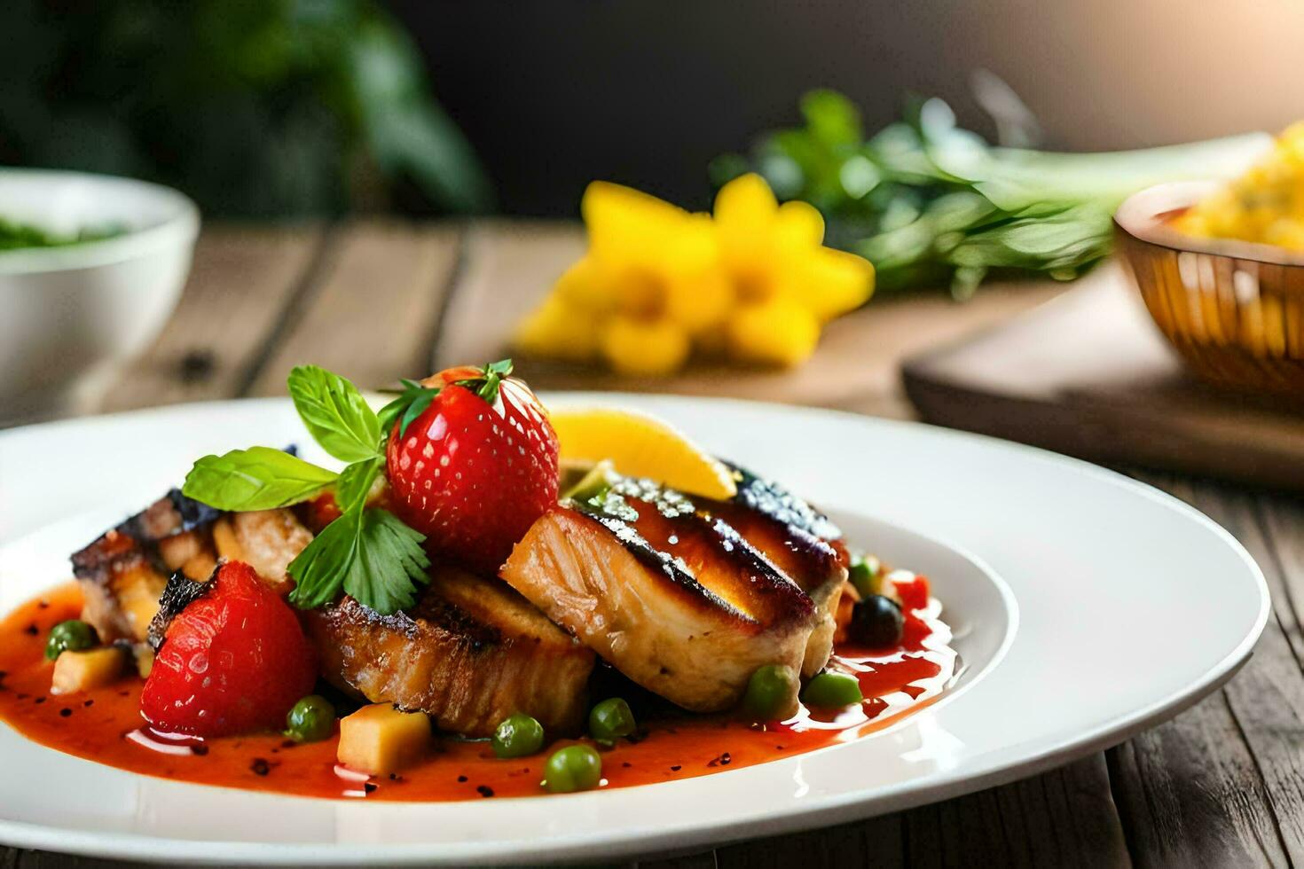 grilled scallops with strawberries and peas on a white plate. AI-Generated photo