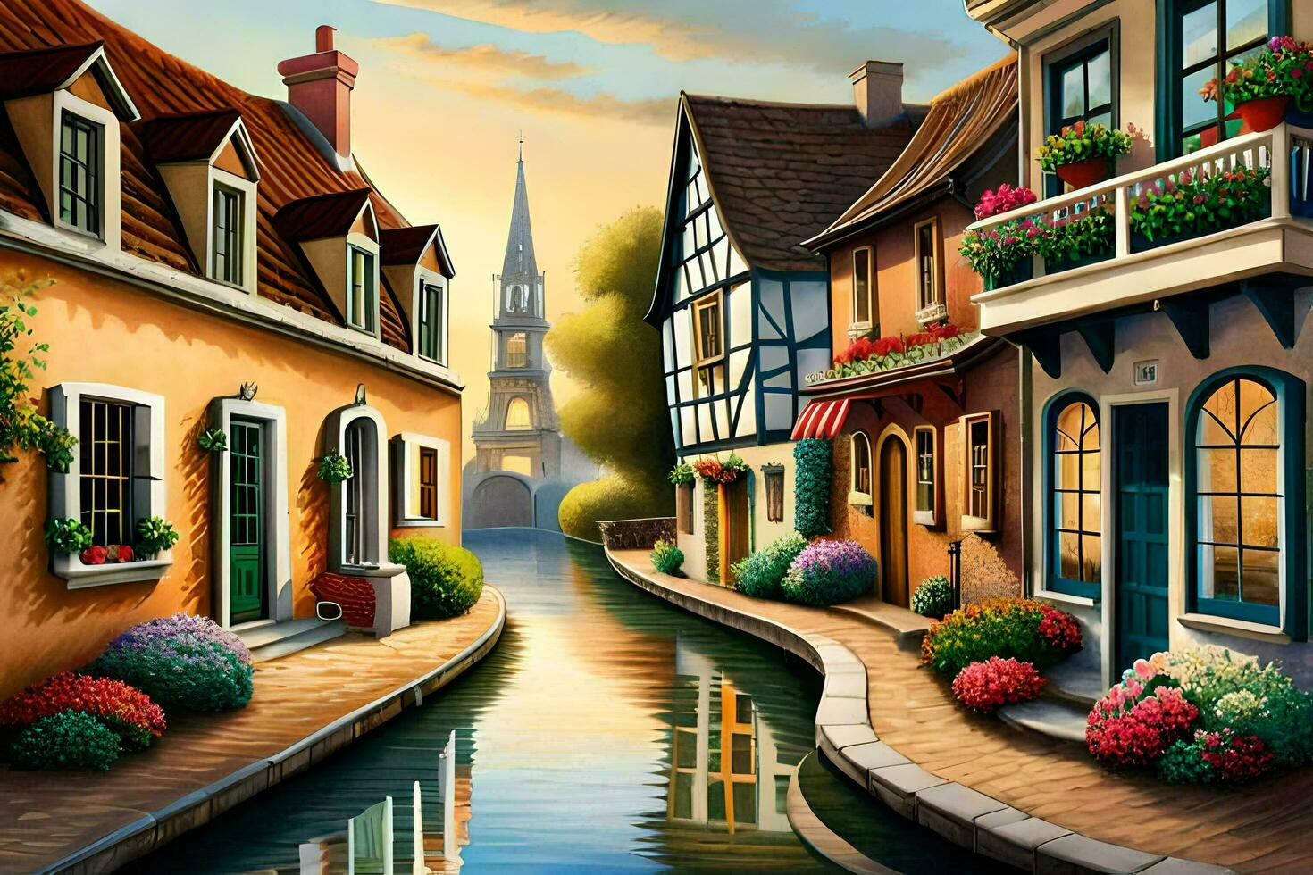 a painting of a canal in a european city. AI-Generated photo